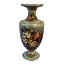 A 19TH CENTURY CONTINENTAL AMPHORA SHAPED HARD PASTE PORCELAIN PEDESTAL VASE In the manner of