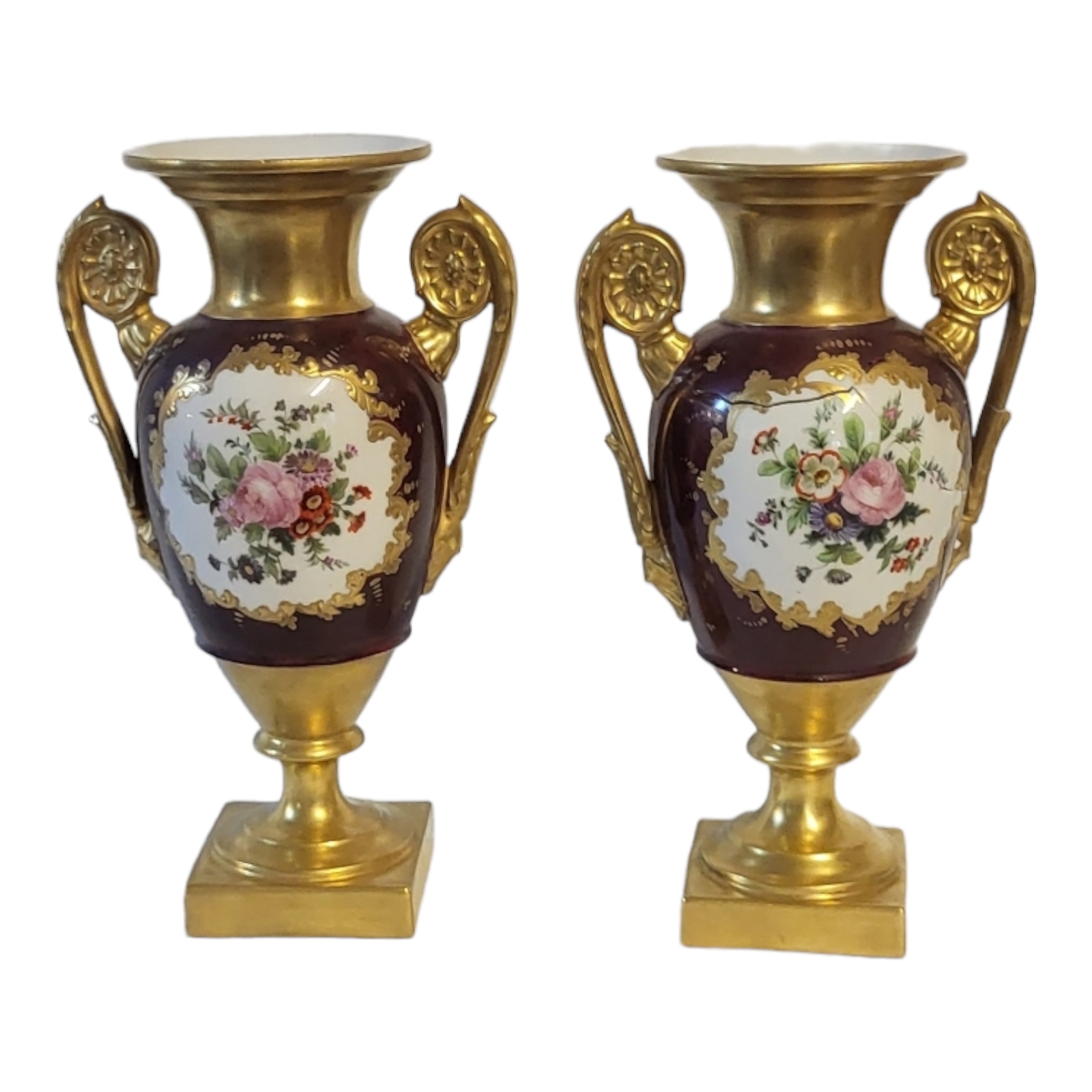 A PAIR OF EARLY 20TH CENTURY EMPIRE STYLE PARIS PORCELAIN JEWELLED TWIN HANDLED PEDESTAL VASES - Image 6 of 9