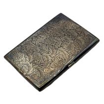 A VICTORIAN SILVER RECTANGULAR CARD CASE With engraved scrolled decoration and fitted silk interior,