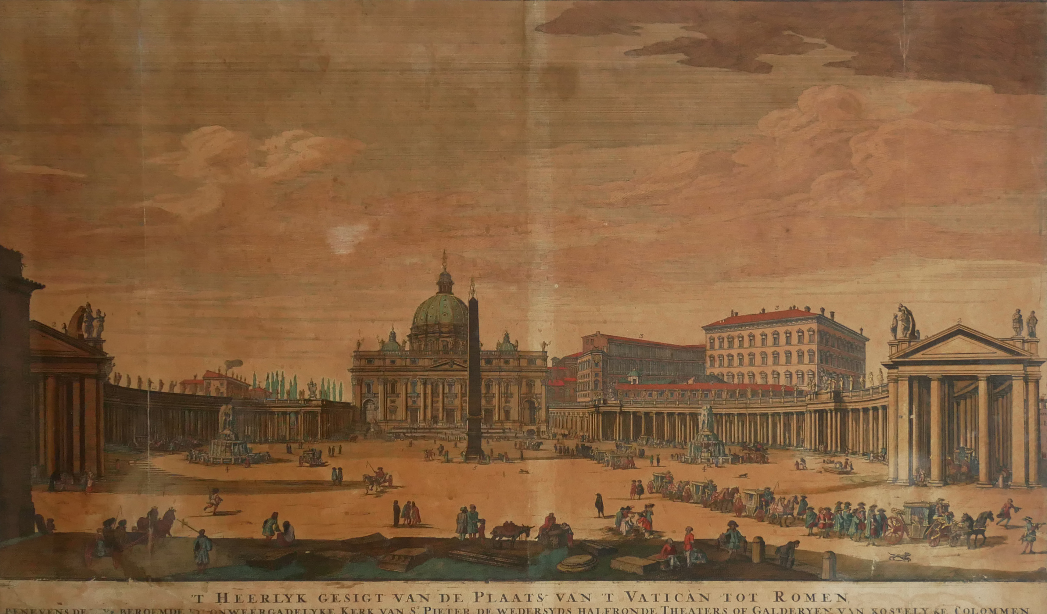 AN 18TH CENTURY HAND COLOURED ENGRAVING OF THE VATICAN, ROME Titled 'T Heerlijk Gezigt Van de Plaats