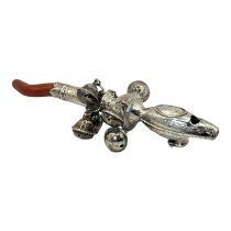 A GEORGIAN SILVER AND CORAL CHILD'S RATTLE Having a whistle finial, eight bells, engraved decoration
