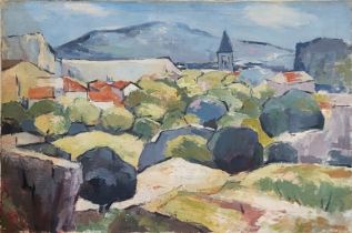 FOLLOWER OF SAMUEL JOHN PEPLOE, 1871 - 1935, OIL ON CANVAS Landscape, Continental view, church