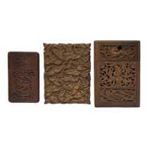 A COLLECTION OF THREE 19TH CENTURY ANGLO INDIAN SANDALWOOD CALLING CARD CASES Finely carved with