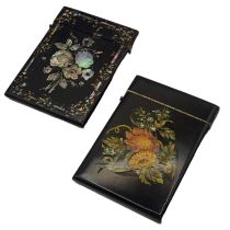 TWO VICTORIAN PAPIER MACHE CALLING CARD CASES, To include a case with fine mother of pearl inlay and