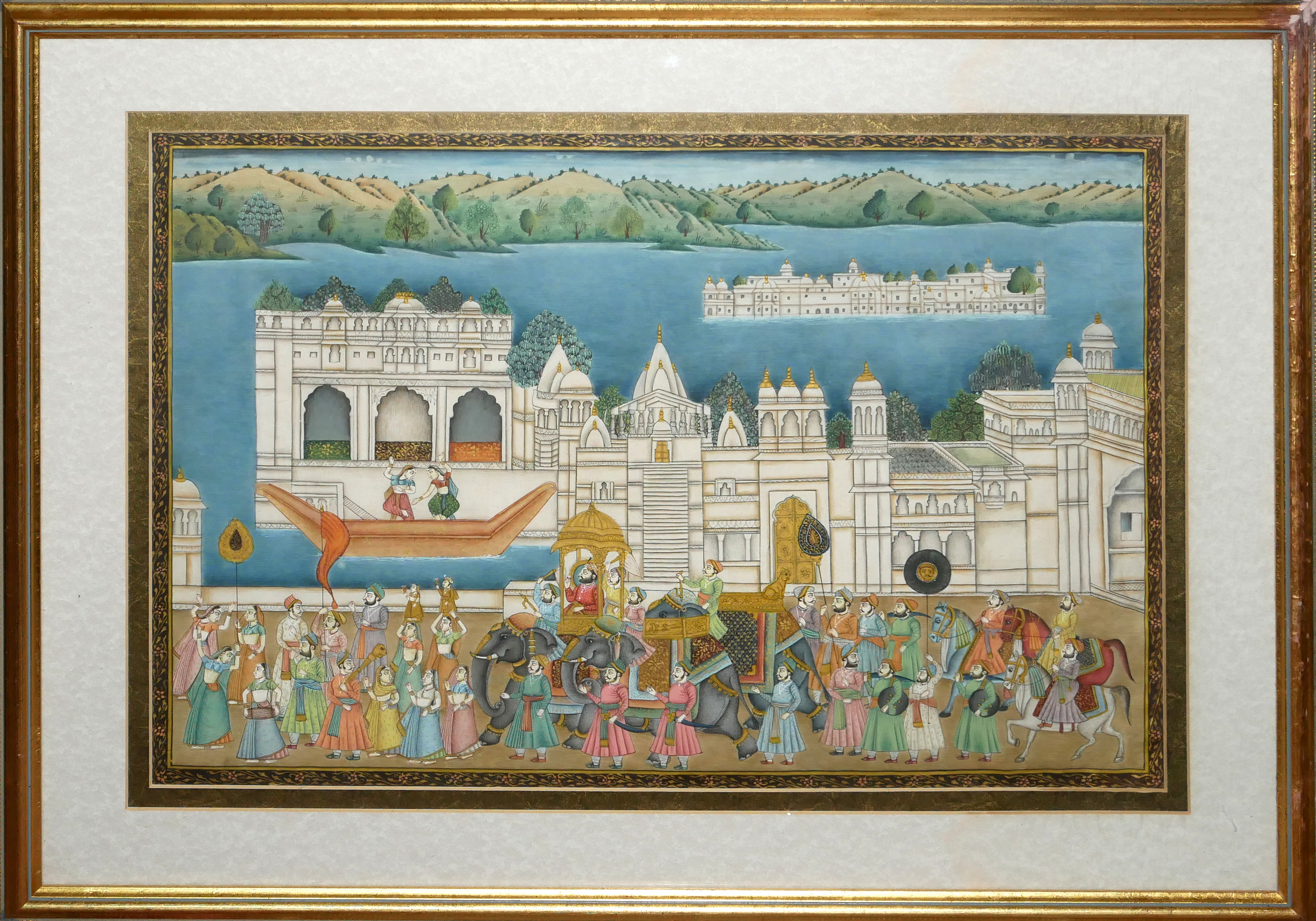 TWO 20TH CENTURY INDIAN WATERCOLOUR ON SILK, LANDSCAPES A procession featuring Ganesh with chariots, - Image 6 of 7