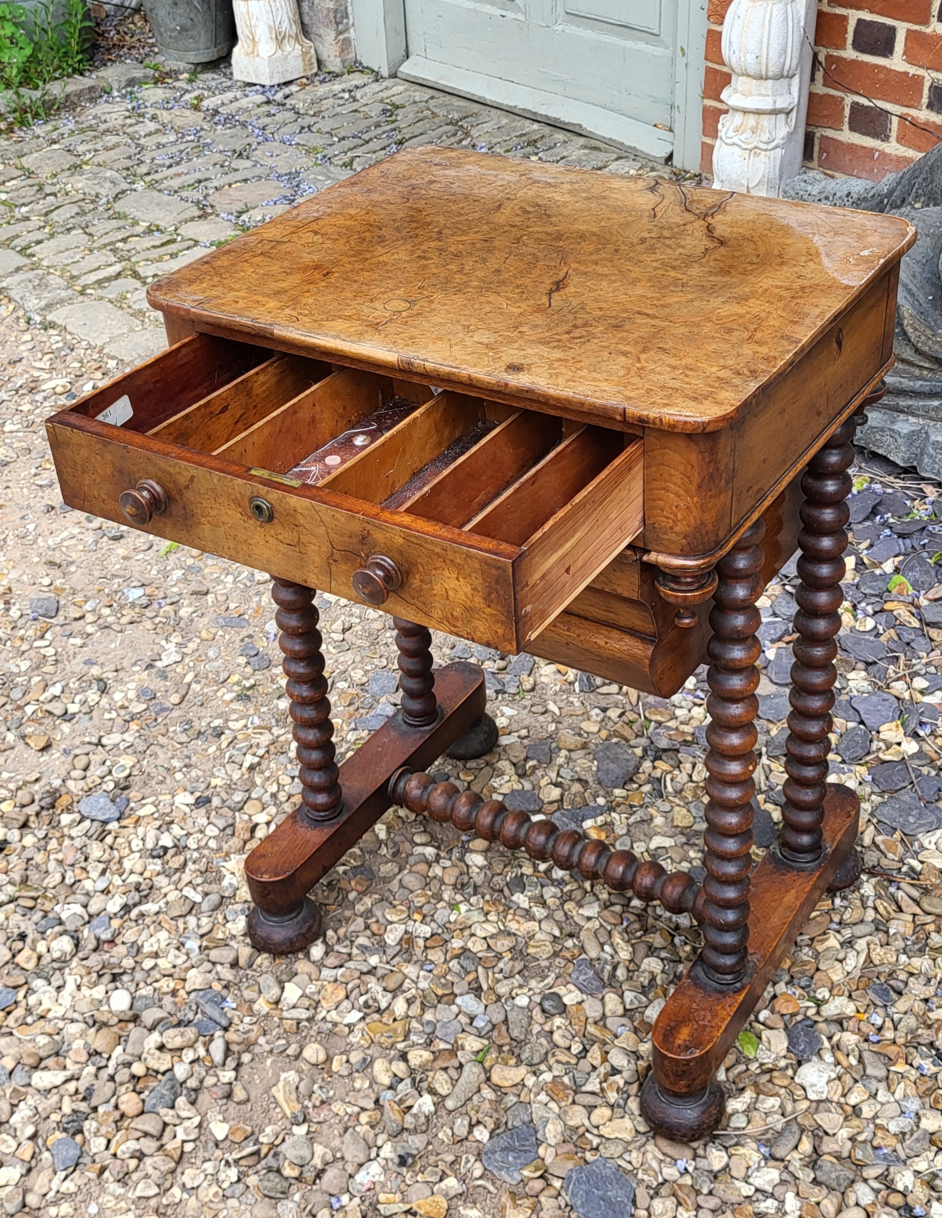 A 19TH CENTURY BURR WALNUT SEWING TABLE The compartmental drawer above a lined storage box, on - Image 4 of 5