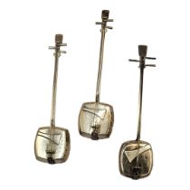 A SET OF THREE VINTAGE JAPANESE SILVER NOVELTY SHAMISEN BOXES MODELLED AS MUSICAL INSTRUMENTS With