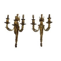 A PAIR OF LARGE 19TH CENTURY LOUIS XVI STYLE GILT BRONZE THREE BRANCH WALL LIGHTS/APPLIQUES Each