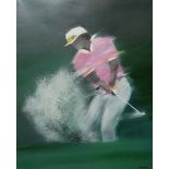 VICTOR SPAHN, OIL ON CANVAS, GOLFING PORTRAIT Figure captured mid-swing wearing white baseball cap