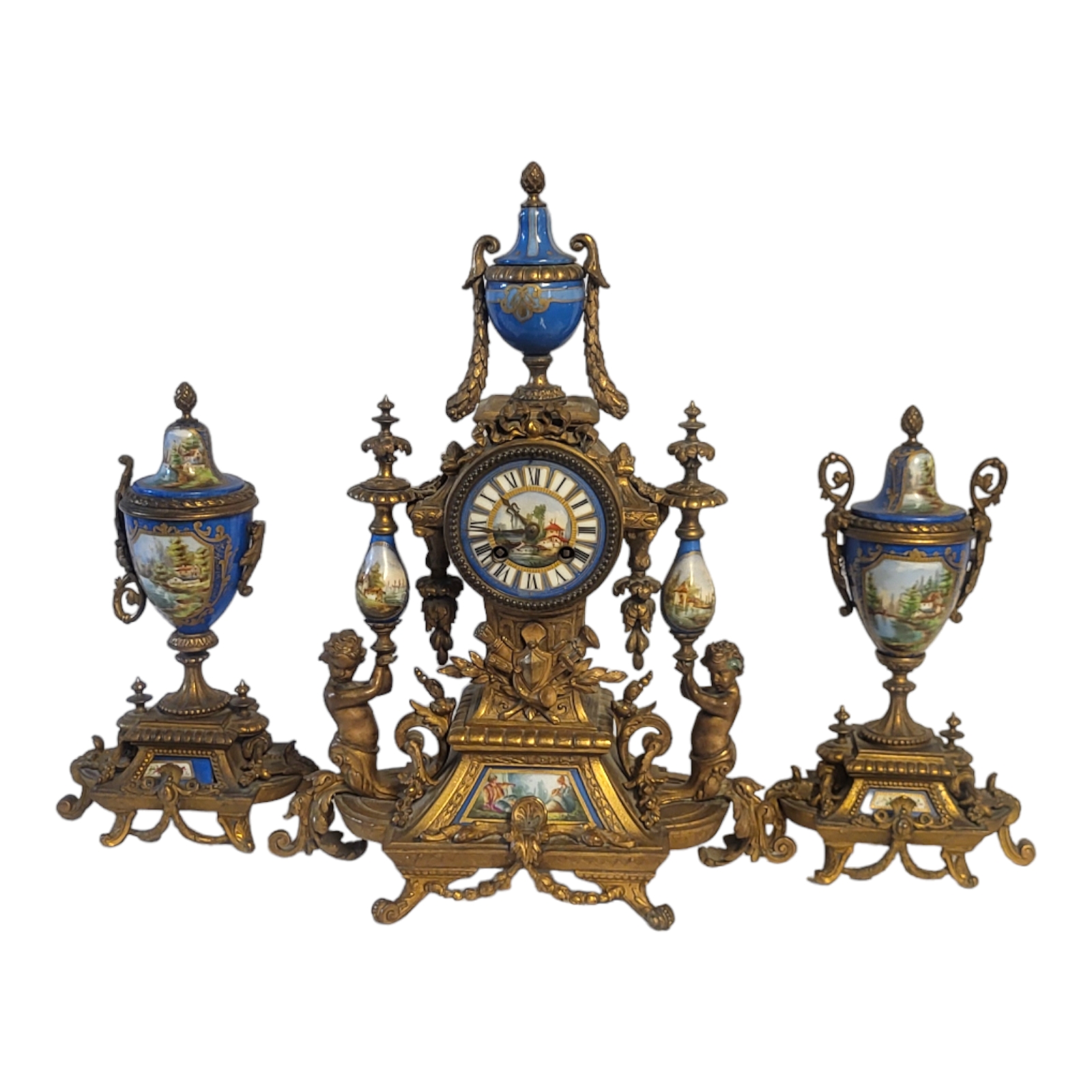 A 19TH CENTURY FRENCH LOUIS XV STYLE ORMOLU MOUNTED JEWELLED BLUE CELESTE PORCELAIN CLOCK GARNITURE,