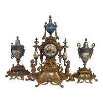 A 19TH CENTURY FRENCH LOUIS XV STYLE ORMOLU MOUNTED JEWELLED BLUE CELESTE PORCELAIN CLOCK GARNITURE,