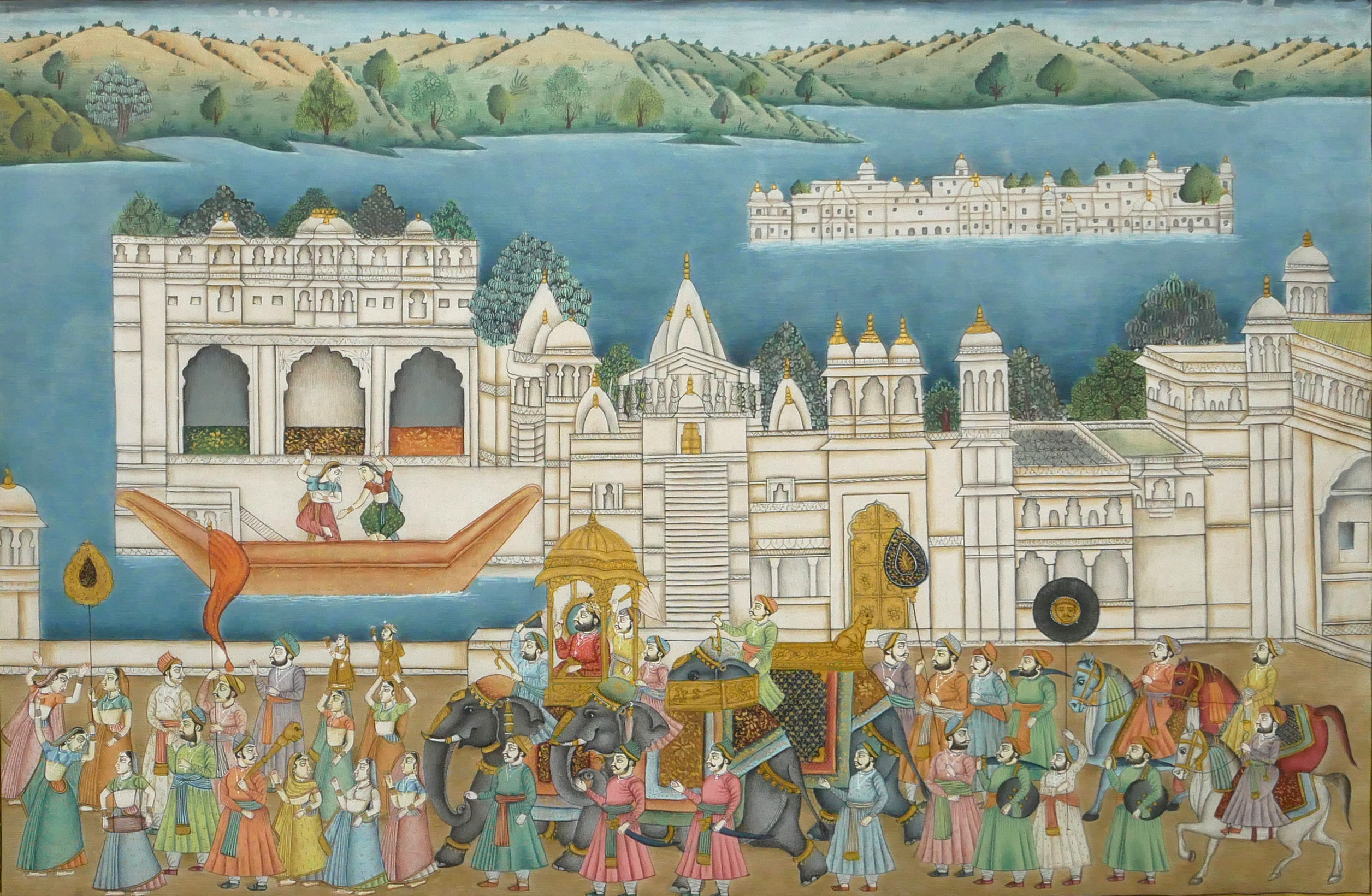 TWO 20TH CENTURY INDIAN WATERCOLOUR ON SILK, LANDSCAPES A procession featuring Ganesh with chariots, - Image 4 of 7