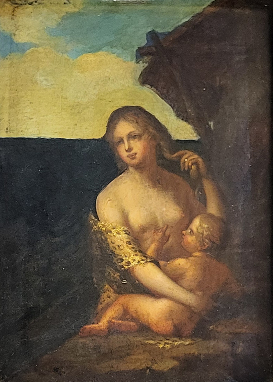 AN 18TH CENTURY ITALIAN SCHOOL OIL ON PANEL, ‘MADONNA AND CHILD’. (41cm x 52cm frame, 23cm x 33.