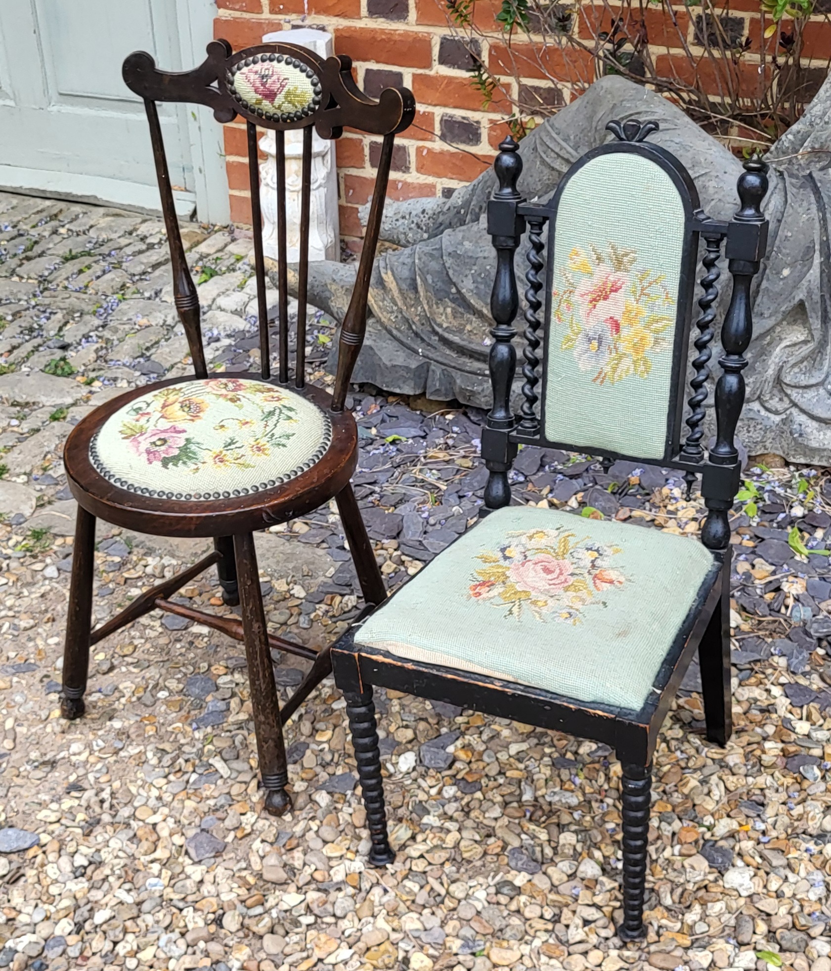 A PAIR OF VICTORIAN MAHOGANY PRIEDIEU CHAIRS With tapestry upholstery on carved Gothic design - Image 4 of 5