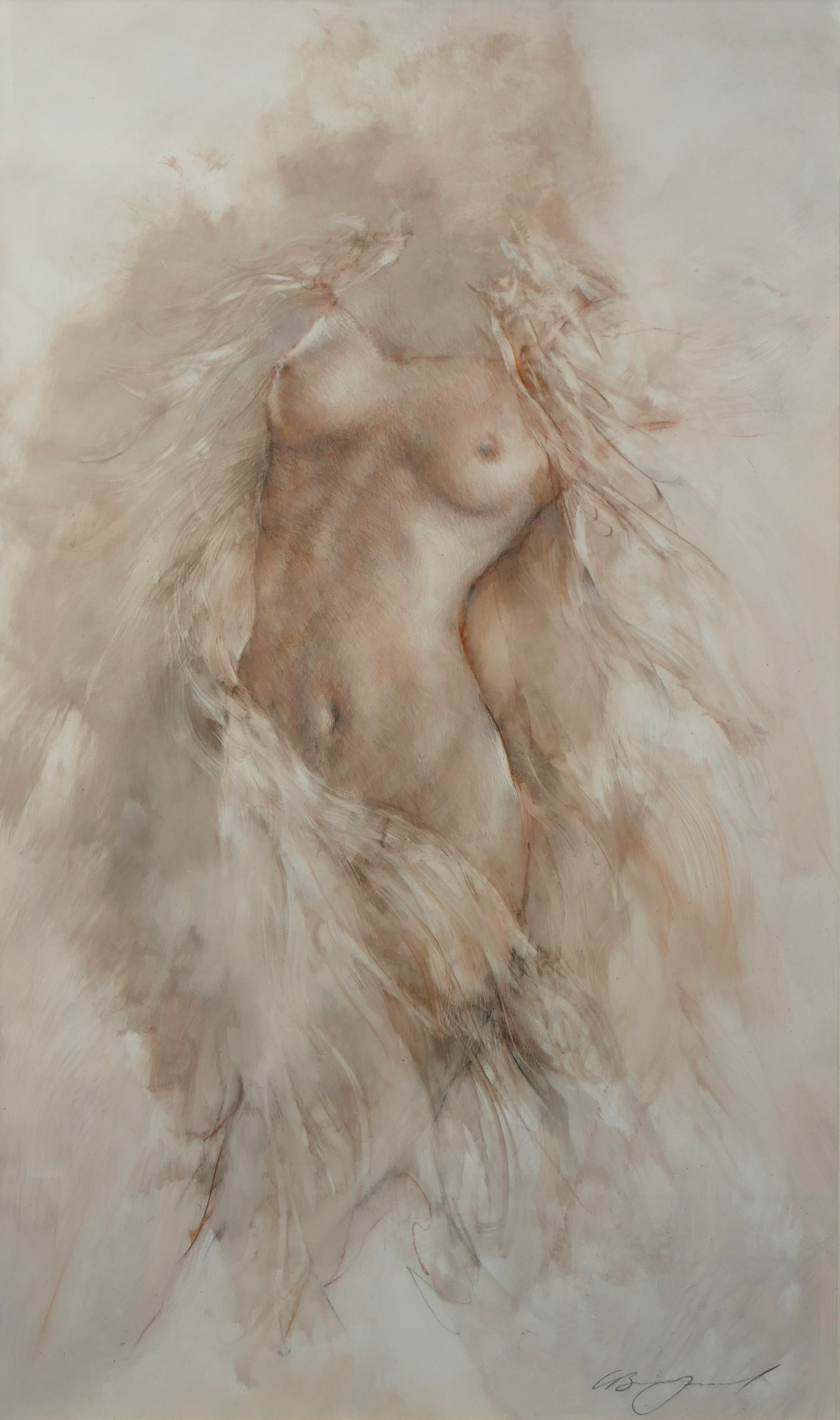 GARY BENFIELD, A 20TH CENTURY MIXED MEDIA FEMALE STUDY Torso portrait, wearing fine robes, signed in