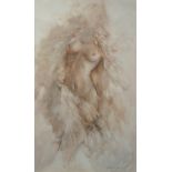 GARY BENFIELD, A 20TH CENTURY MIXED MEDIA FEMALE STUDY Torso portrait, wearing fine robes, signed in