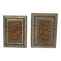 TWO 19TH CENTURY ANGLO INDIAN SANDALWOOD CALLING CARD CASES Having an inlaid micro mosaic border and