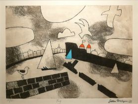 JULIAN TREVELYAN, BRITISH, 1910 - 1988, ETCHING AND AQUATINT Titled 'The Tug', 1978, sailboats on