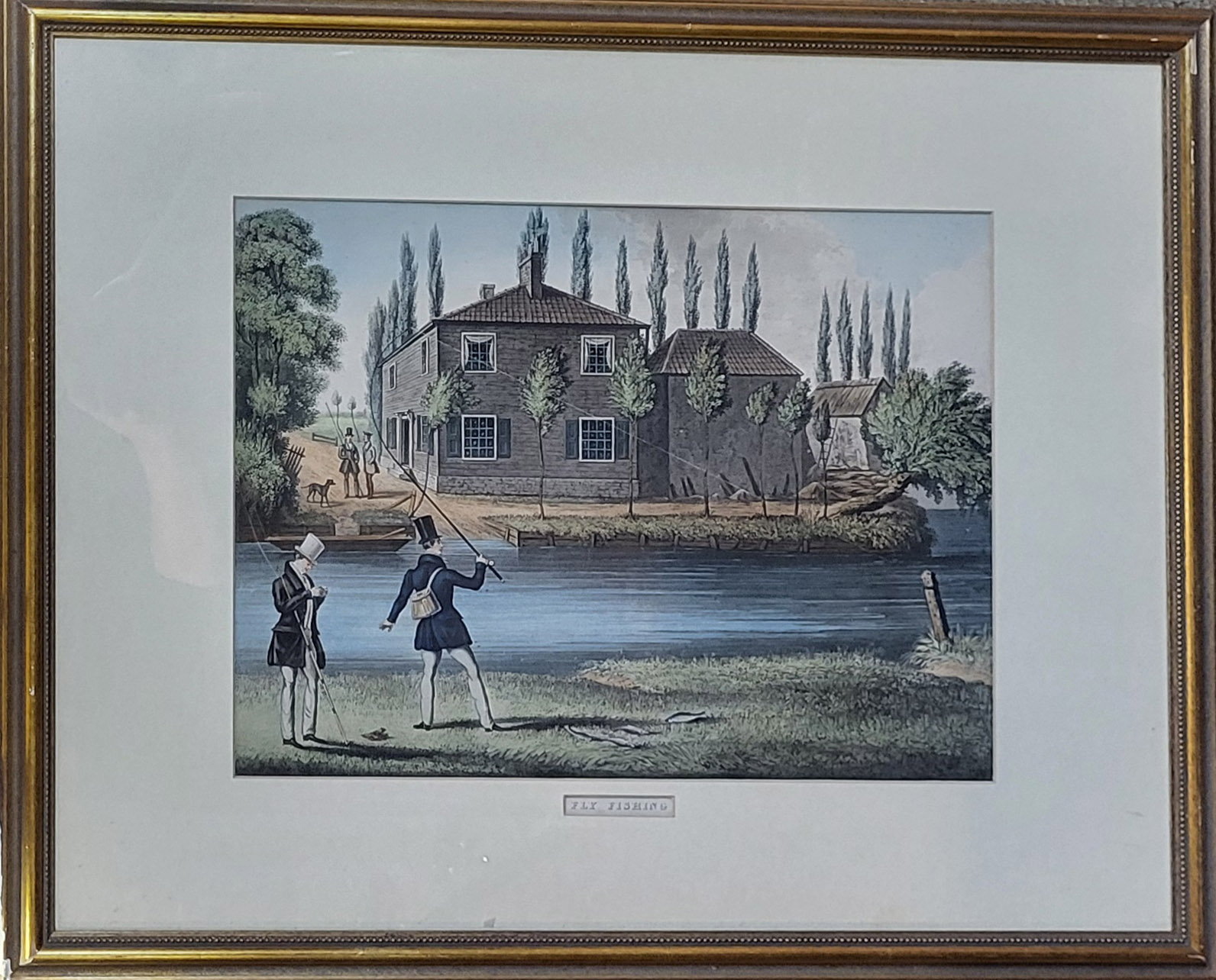 A 19TH CENTURY 'FLY FISHING' HAND COLOURED ENGRAVING Two gent’s wearing period attire near a
