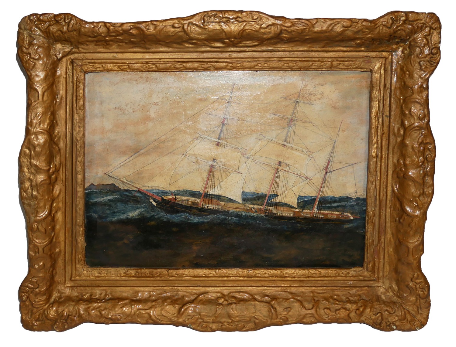 A 19TH CENTURY BRITISH SCHOOL OIL ON BOARD, HALF RIGGED MERCHANT SHIP AT SEA Gilt framed, - Image 3 of 5