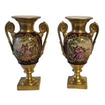 A PAIR OF EARLY 20TH CENTURY EMPIRE STYLE PARIS PORCELAIN JEWELLED TWIN HANDLED PEDESTAL VASES