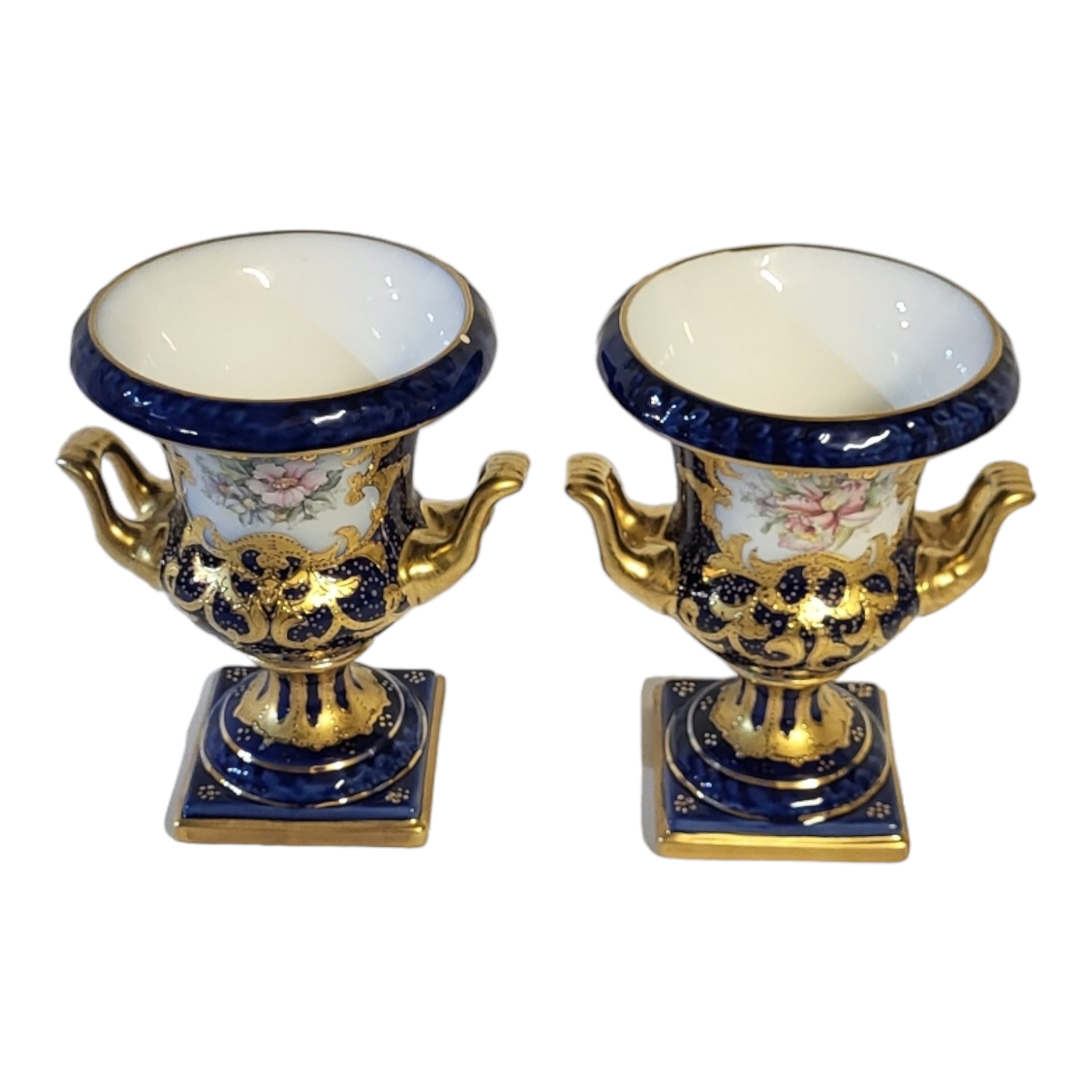 A PAIR OF LATE 20TH CENTURY SEVRES STYLE TWIN HANDLED CAMPANA SHAPED JEWELLED VASES Decorated with - Image 2 of 3