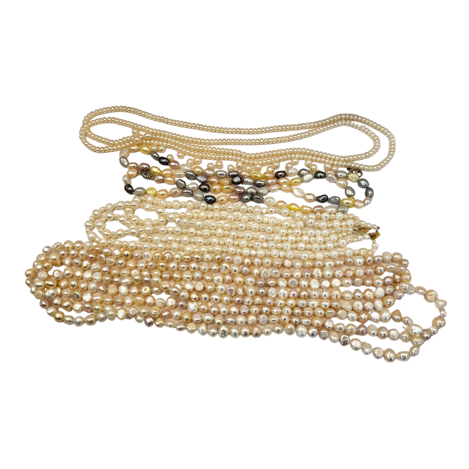A COLLECTION OF VINTAGE ASIAN PEARL NECKLACES To include a three strand necklace with 14ct gold