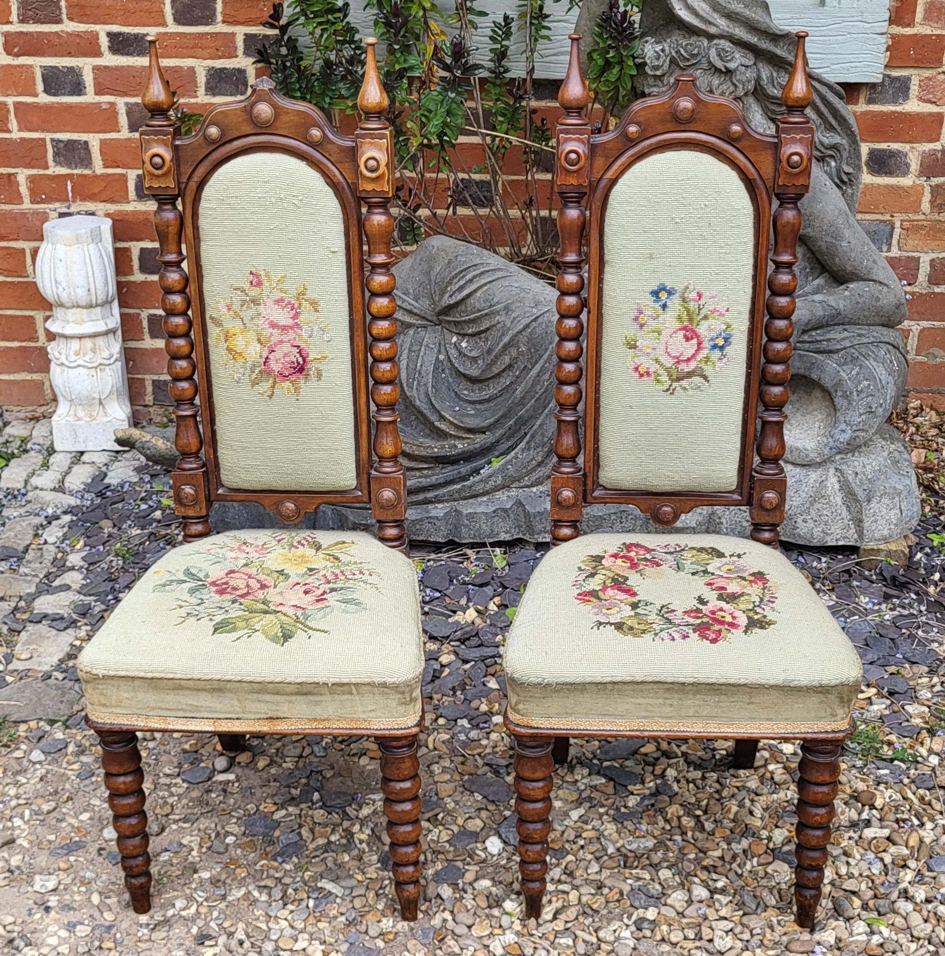 A PAIR OF VICTORIAN MAHOGANY PRIEDIEU CHAIRS With tapestry upholstery on carved Gothic design - Image 2 of 5