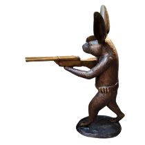 A LARGE BRONZED METAL COMICAL 'HUNTING HARE' STATUE Standing pose with shotgun on oval base, cast