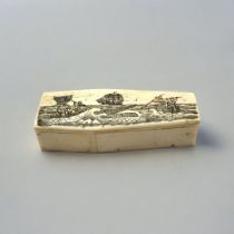 A 19TH CENTURY STYLE BONE SCRIMSHAW TRINKET BOX In shape of a coffin, with etched whaling scene to