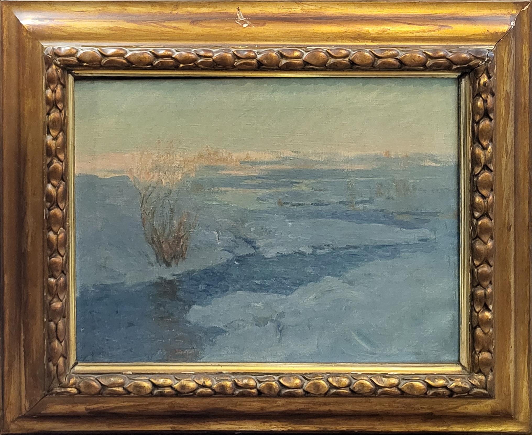 ALBERT JULIUS OLSSON, R.A., BRITISH, 1864 - 1942, OIL ON CANVAS Winter scene on the river bank, - Image 3 of 5