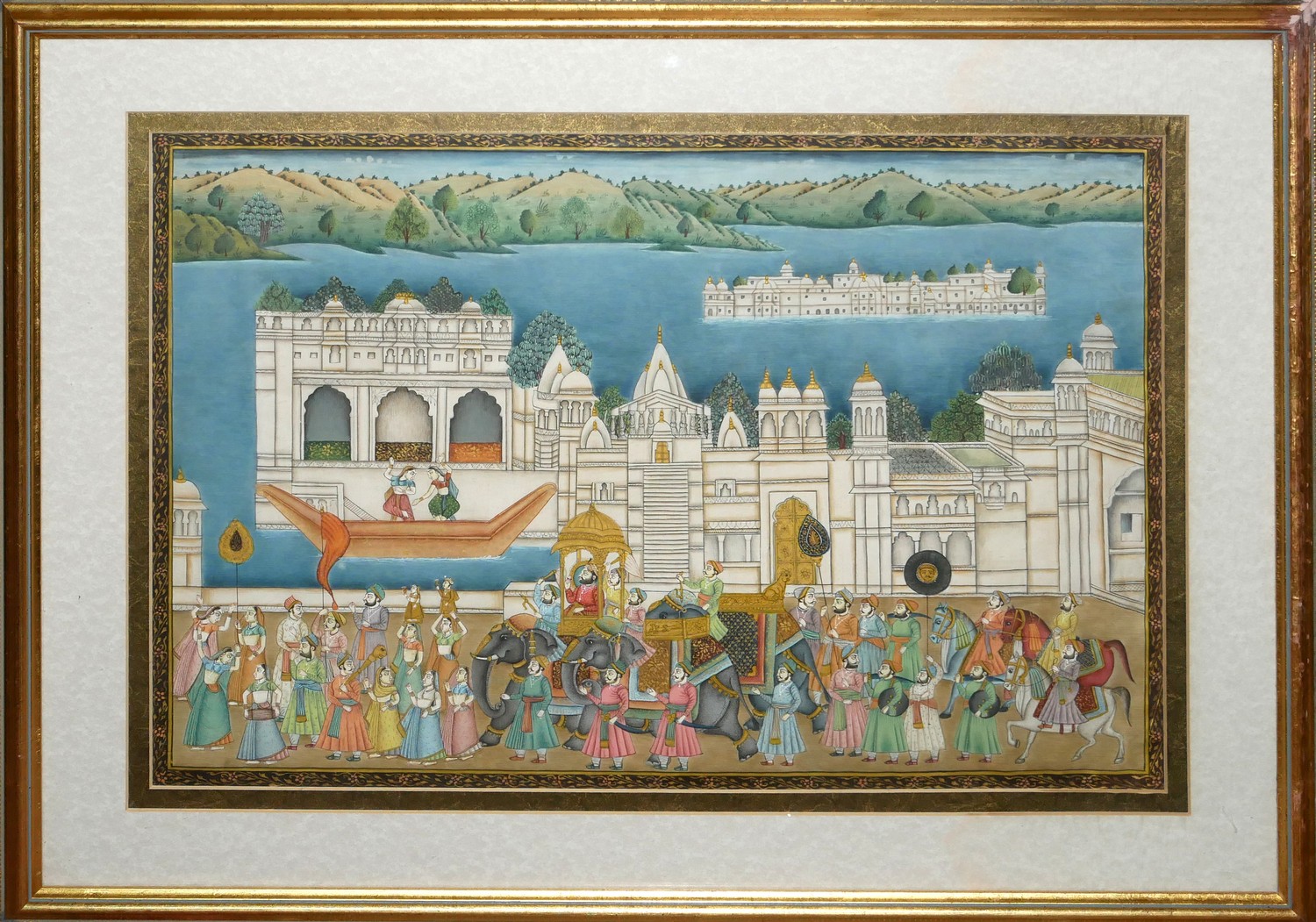 TWO 20TH CENTURY INDIAN WATERCOLOUR ON SILK, LANDSCAPES A procession featuring Ganesh with chariots, - Image 7 of 7