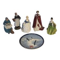 A COLLECTION OF FIVE VINTAGE PORCELAIN FIGURINES,comprising if a Royal Worcester Queen Elizabeth