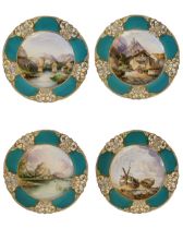 A SET OF FOUR WORCESTER PORCELAIN TOPOGRAPHICAL CABINET PLATES Printed crown mark, impressed factory