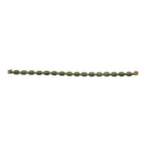 A VINTAGE CHINESE 14CT GOLD AND JADE BRACELET Having a row of cabochon cut stones with a pierced