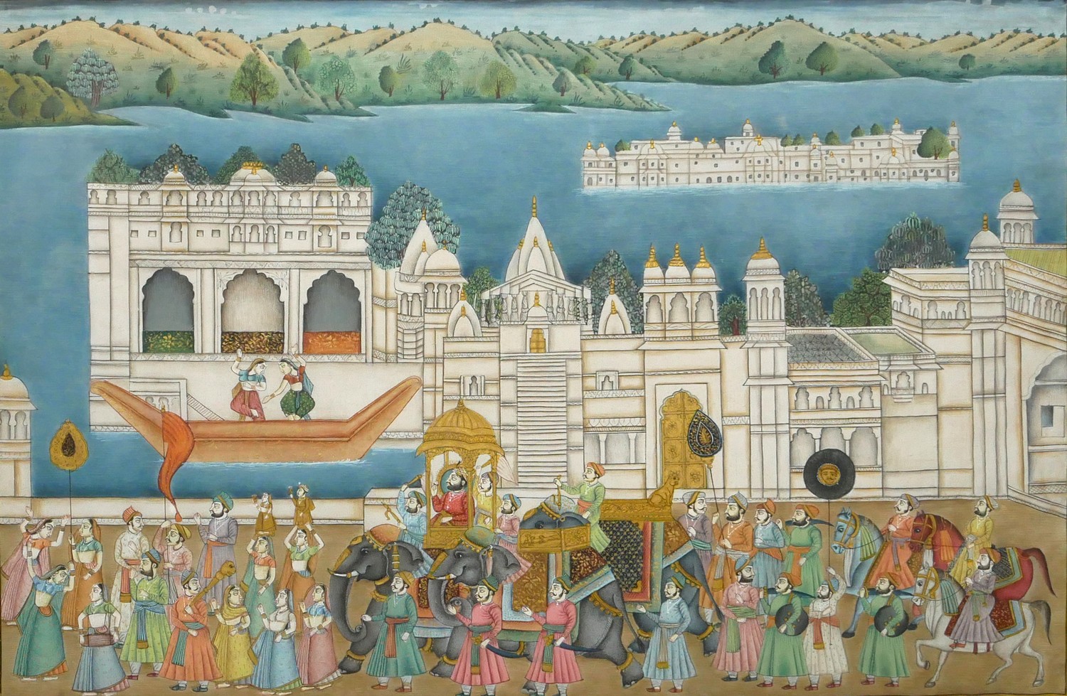 TWO 20TH CENTURY INDIAN WATERCOLOUR ON SILK, LANDSCAPES A procession featuring Ganesh with chariots, - Image 5 of 7