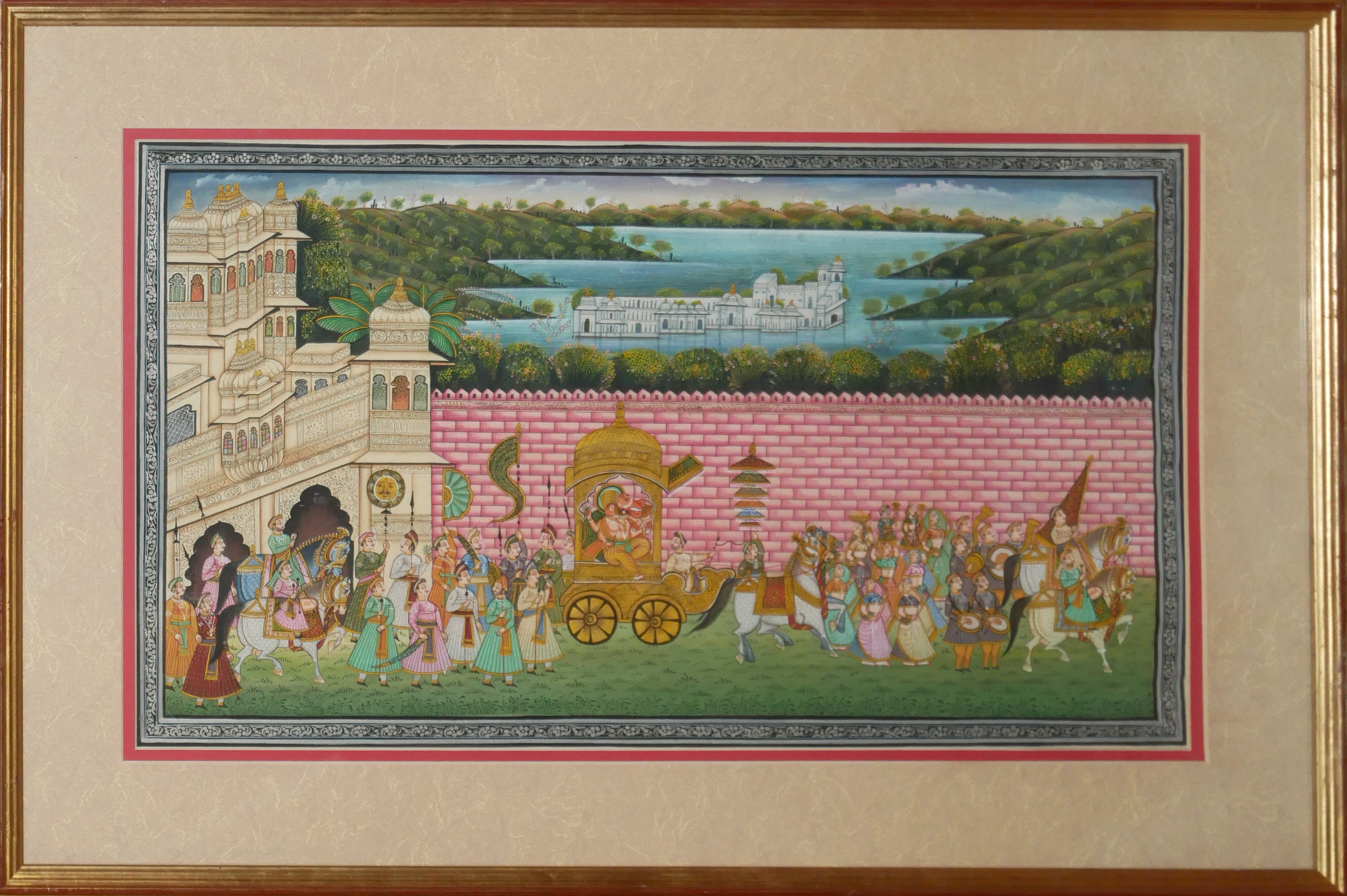 TWO 20TH CENTURY INDIAN WATERCOLOUR ON SILK, LANDSCAPES A procession featuring Ganesh with chariots, - Image 2 of 7