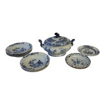 A SET OF SEVEN 18TH CENTURY CHINESE EXPORT BLUE AND WHITE PLATES Qing Dynasty Kangxi Qianlong period