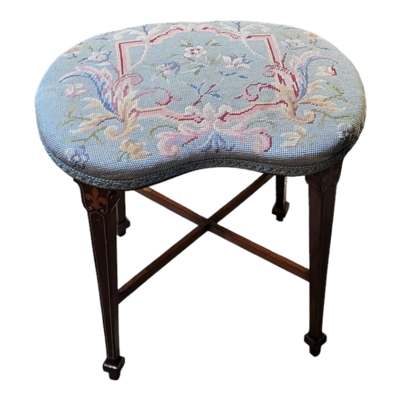 AN EDWARDIAN SHERATON REVIVAL INLAID MAHOGANY STOOL Raised on tapering legs and x shaped supports, - Bild 2 aus 3