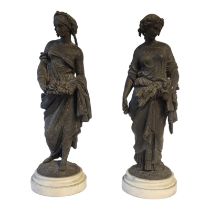 A PAIR OF 19TH CENTURY CONTINENTAL SPELTER BRONZED PATINATED ALLEGORICAL FIGURES OF HARVEST MAIDENS,