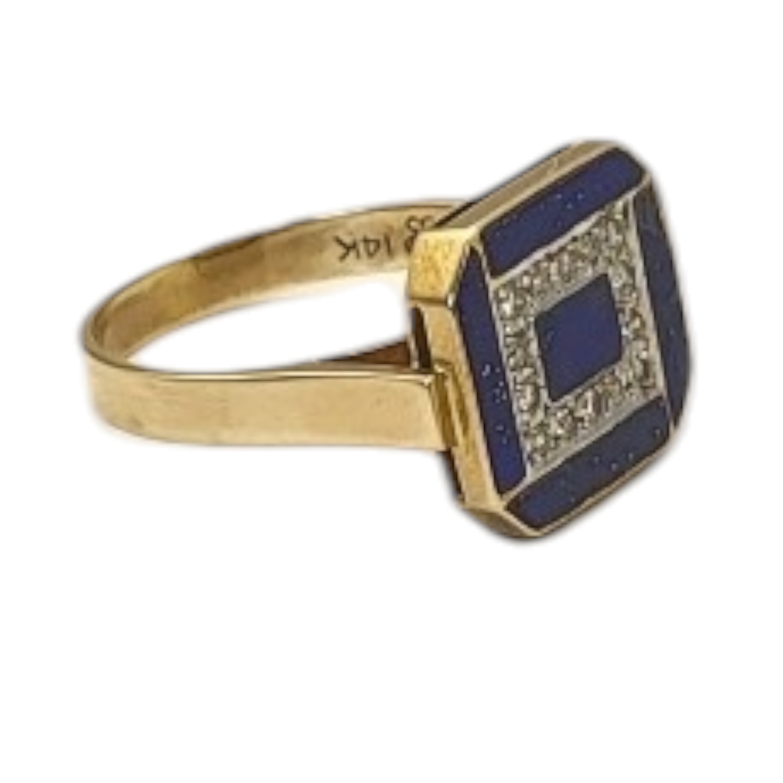 A CONTINENTAL 14CT GOLD, DIAMOND AND LAPIS LAZULI RING Having a row of round cut diamonds edged with - Image 5 of 5