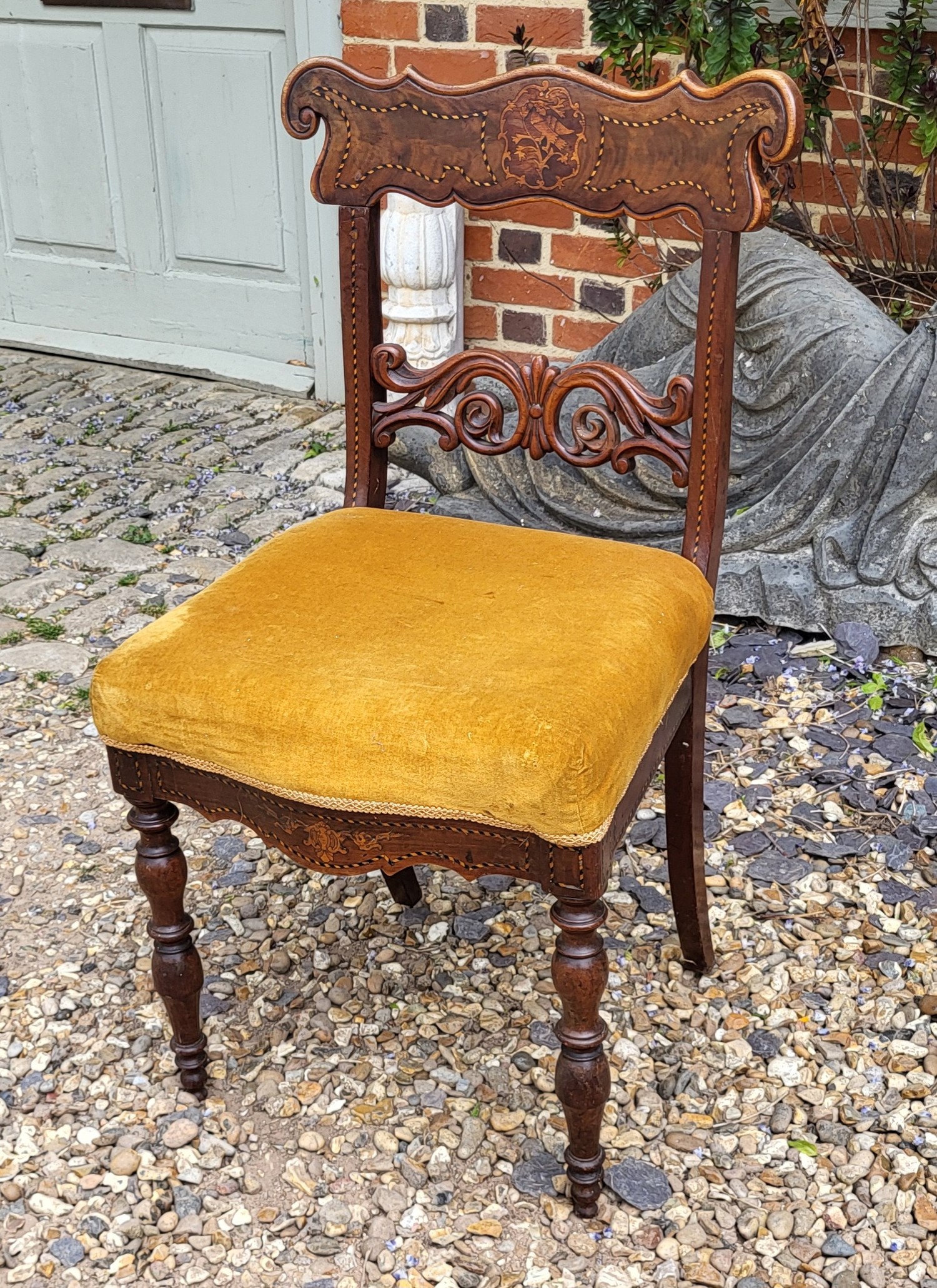 A 19TH CENTURY DUTCH INLAID MARQUETRY STANDARD CHAIR, having a carved back support, with upholstered - Image 3 of 3