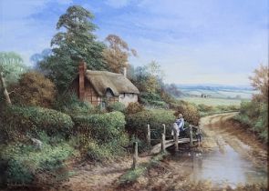 CHRIS D. HOWELLS, A CONTEMPORARY OIL ON CANVAS Landscape, thatched cottage with children wearing
