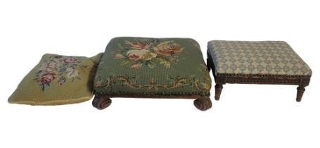 TWO EARLY 20TH CENTURY TAPESTRY EMBROIDERED COVERED STOOLS Square form with hand embroidered