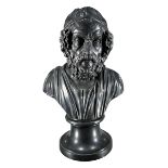 A 19TH CENTURY WEDGWOOD BLACK BASALT BUST OF HOMER Raised on a socle that is impressed Wedgewood.