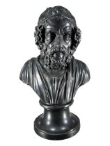 A 19TH CENTURY WEDGWOOD BLACK BASALT BUST OF HOMER Raised on a socle that is impressed Wedgewood.