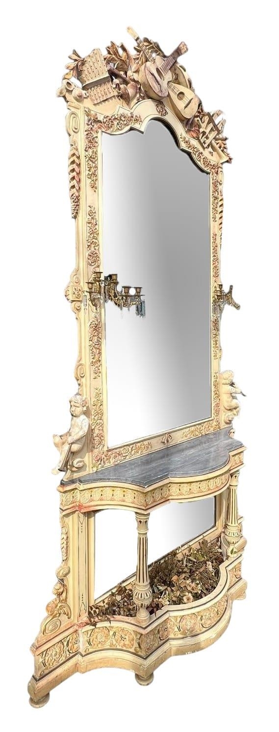 A LARGE AND IMPRESSIVE PAIR OF 19TH CENTURY PAINTED CARVED WOOD AND GESSO CONSOLE TABLES AND MIRRORS - Image 7 of 7