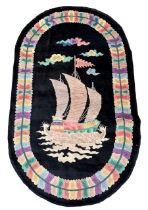 A CHINESE CIRCA 1920, WOOL PILE COTTON FOUNDATION CARPET/RUG, decorated with chinese junk ship. (343