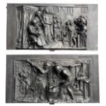 COALBROOKDALE CO., BLACKSMITHS IN THE CHAPEL, A PAIR OF PATINATED CAST IRON PANELS Signed front