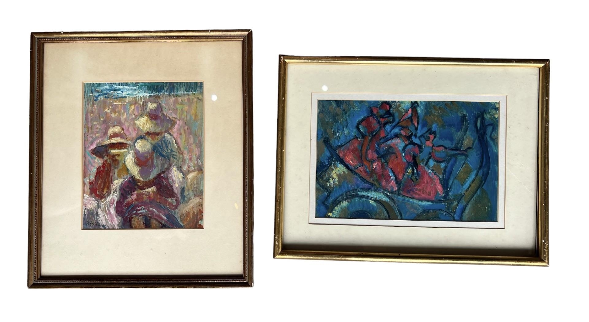 TWO 20TH CENTURY OIL ON BOARD, IMPRESSIONIST THREE FIGURES IN A SUMMER LANDSCAPE Signed D.F.,